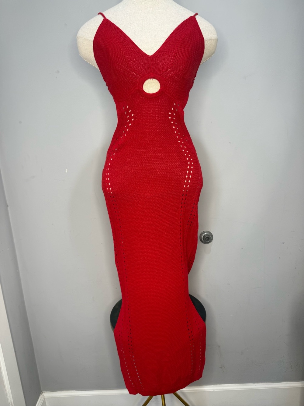 Red Spaghetti-Strap Knit Midi Dress